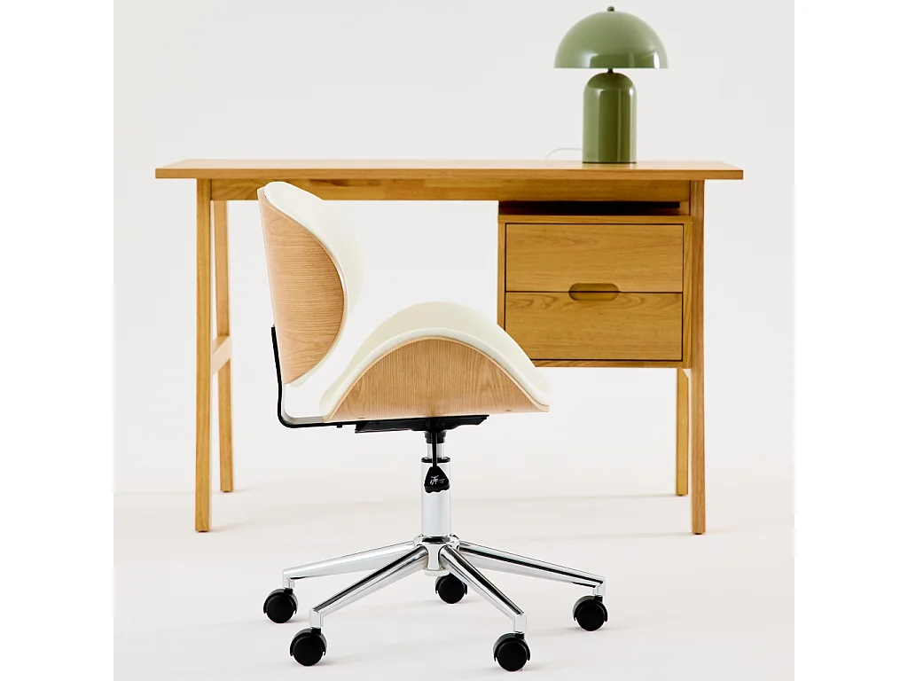 Chaise de bureau à roulettes bois courbé avec placage effet chêne et assise blanche