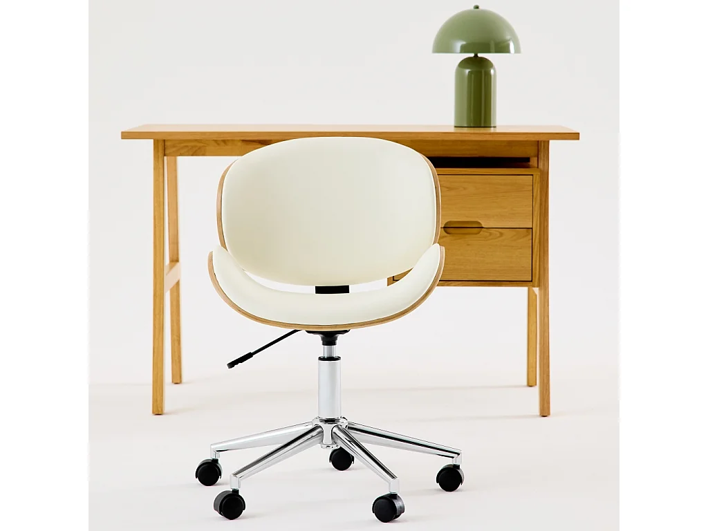 Chaise de bureau à roulettes bois courbé avec placage effet chêne et assise blanche