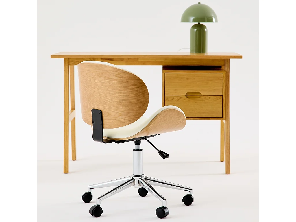 Chaise de bureau à roulettes bois courbé avec placage effet chêne et assise blanche