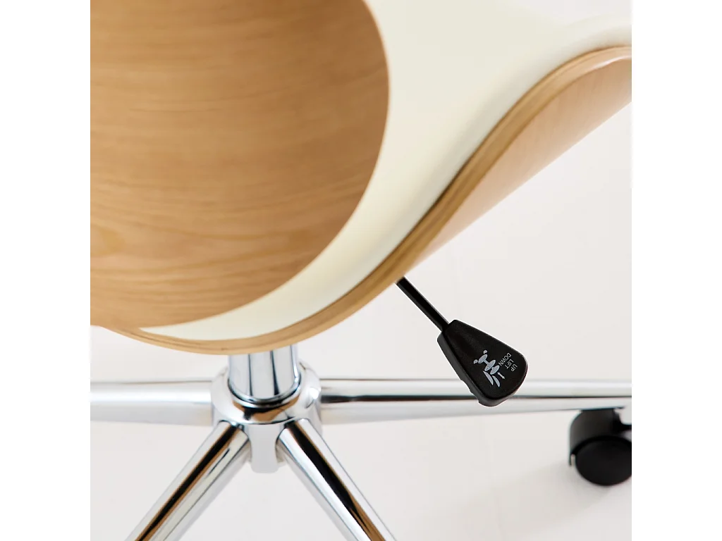 Chaise de bureau à roulettes bois courbé avec placage effet chêne et assise blanche