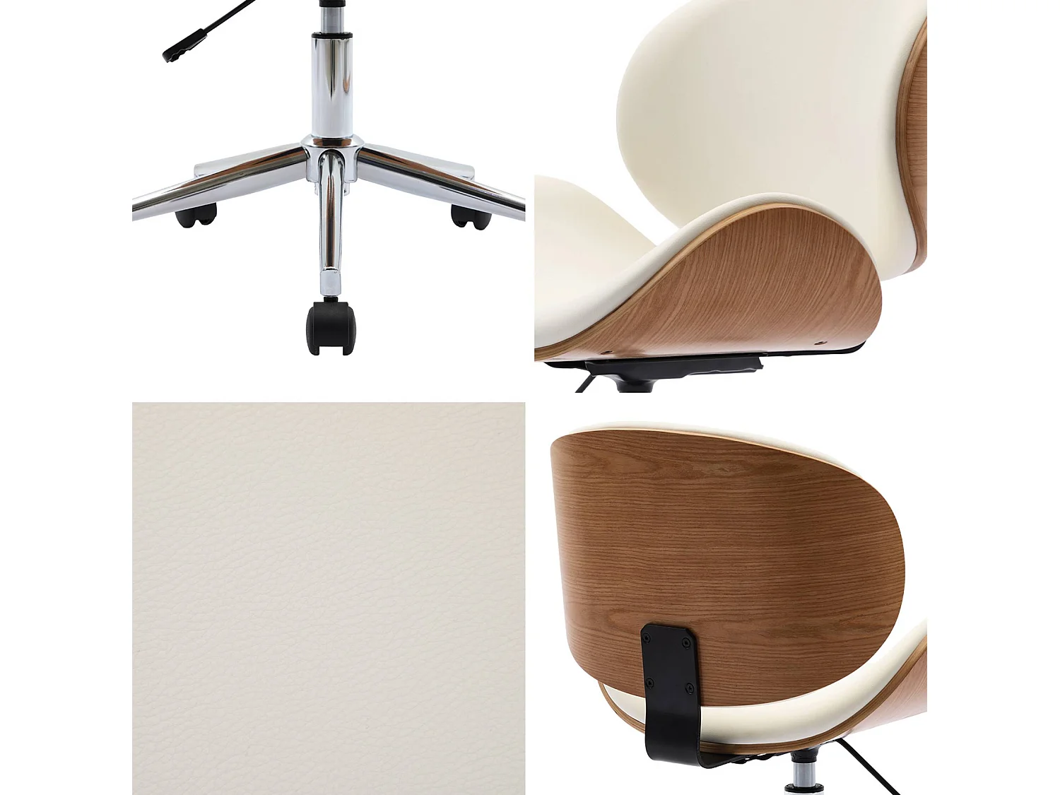 Chaise de bureau à roulettes bois courbé avec placage effet chêne et assise blanche