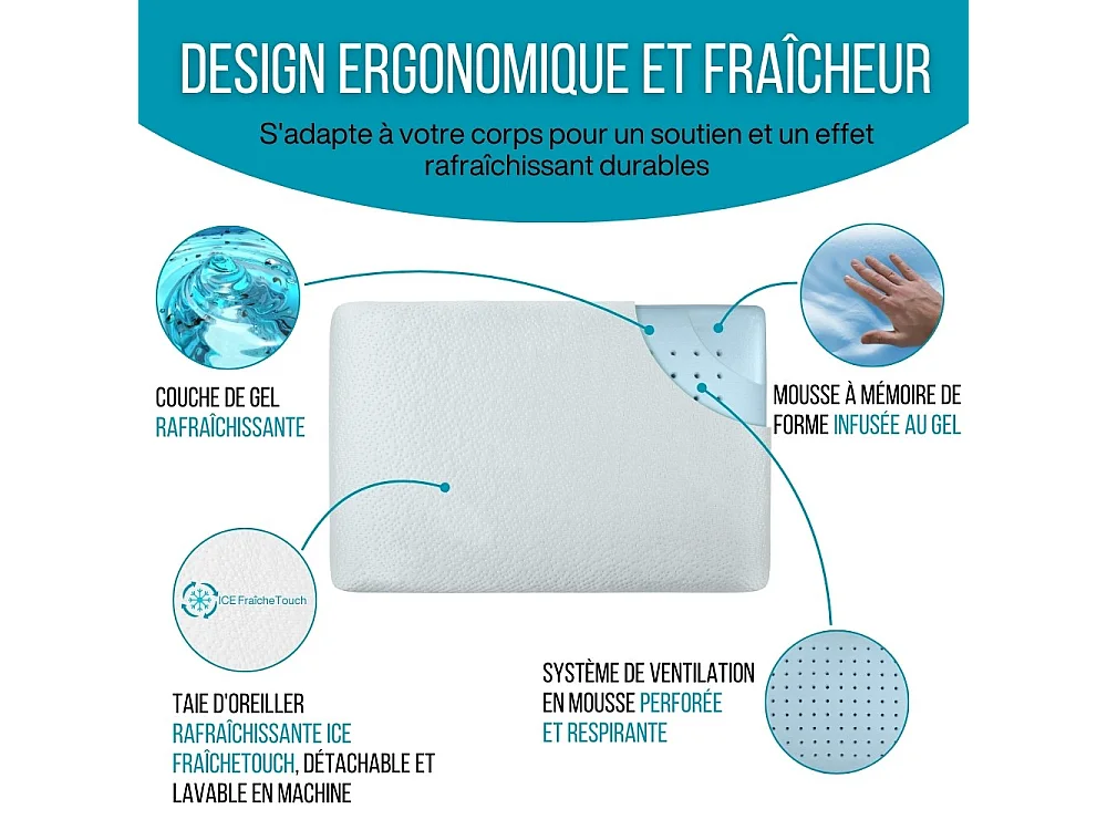 Oreiller Infusé au Gel Rafraîchissant - 60x40  Technologie de Refroidissement Avancée - ClimaConfort ICE