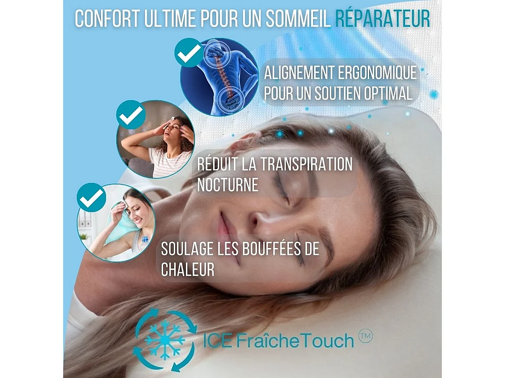 Oreiller Infusé au Gel Rafraîchissant - 60x40  Technologie de Refroidissement Avancée - ClimaConfort ICE