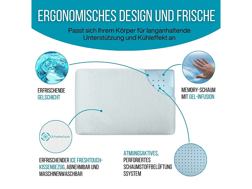 Oreiller Infusé au Gel Rafraîchissant - 60x40  Technologie de Refroidissement Avancée - ClimaConfort ICE