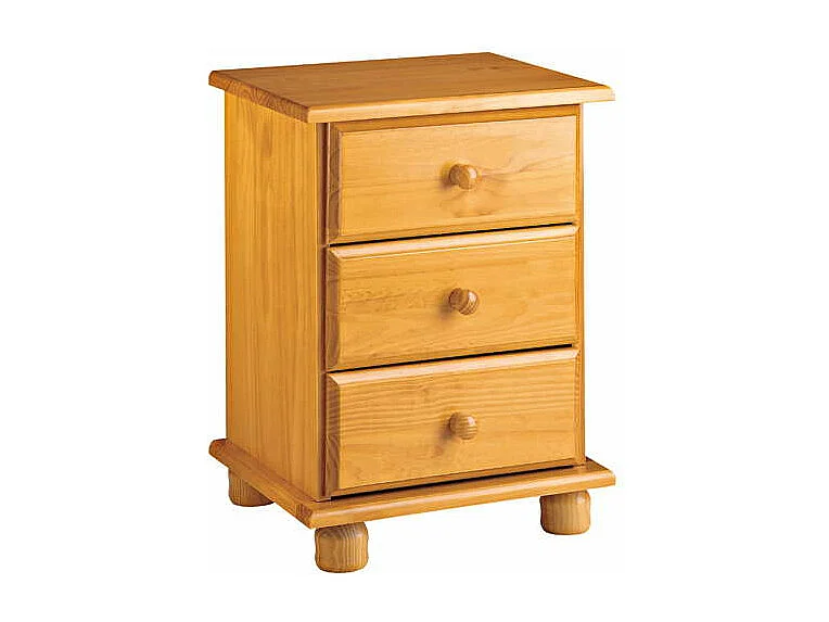 Mesita 3 cajones, color miel, pino macizo, medidas 55x48x34 cm. Instrucciones de montaje en el interior de la caja.