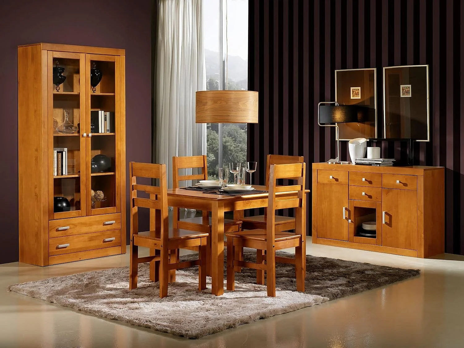 Vitrina 2 puertas  y 2 cajones, pino macizo, Moblit, serie Kalpe, medidas: (200x100x37) cm ( altoxanchoxfondo), color cerezo.