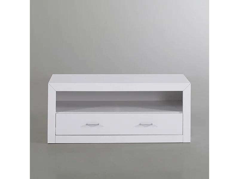 Mesa para televisión, pino macizo y Mdf, Moblit, serie Kalpe lacado , medidas: (50x120x50) cm ( altoxanchoxfondo), color blanco.