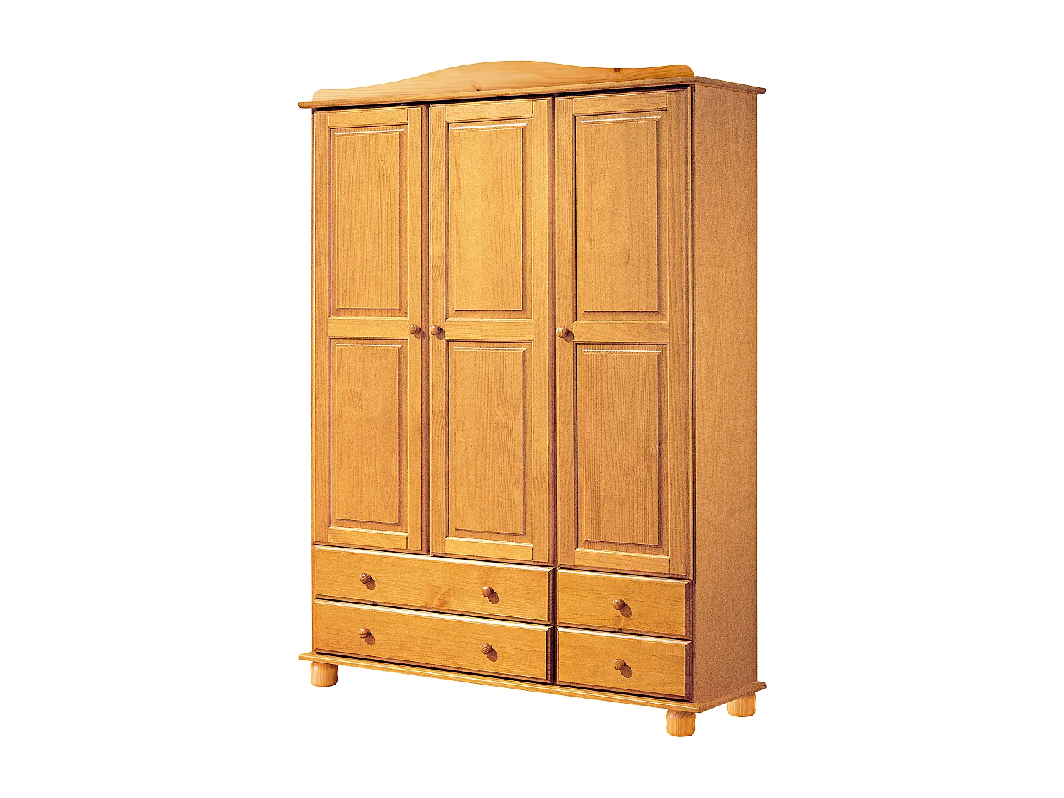 Armario 3 puertas y 4 cajones, pino macizo, Moblit, serie Canet, medidas: (197x130x52) cm ( altoxanchoxfondo), color miel