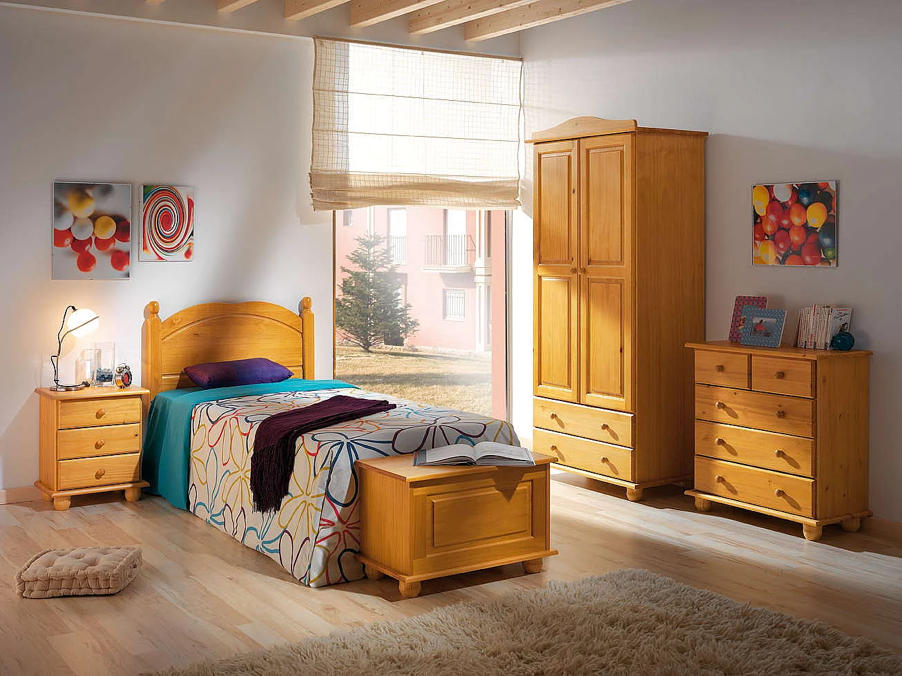 Armario 3 puertas y 4 cajones, pino macizo, Moblit, serie Canet, medidas: (197x130x52) cm ( altoxanchoxfondo), color miel