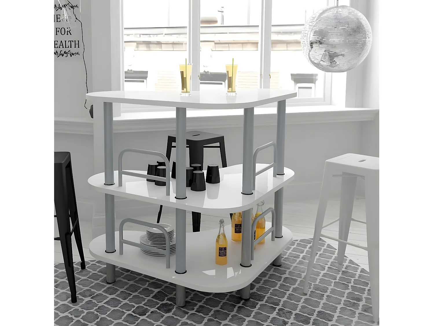 Barra de bar blanca con estantes