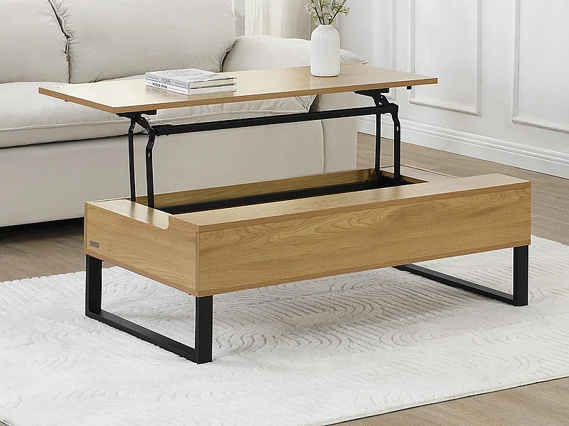 Mesa de centro con tapa elevable de MDF y acero negro - Natural - SECALI