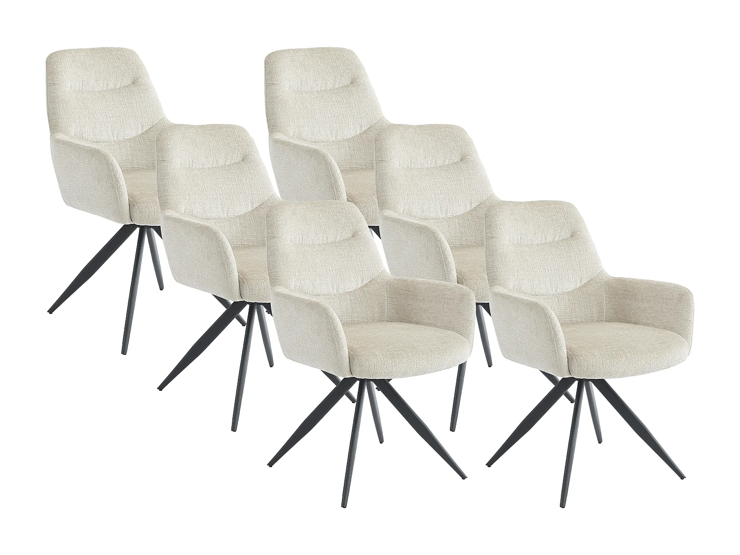 Lot de 6 chaises avec accoudoirs en tissu texturé et métal noir - Crème - JENANE
