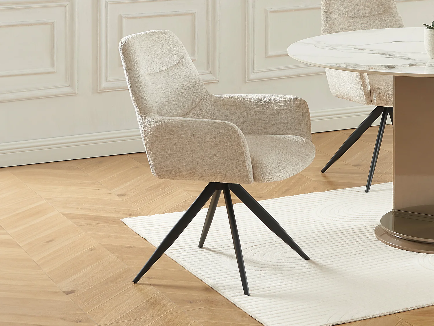 Lot de 6 chaises avec accoudoirs en tissu texturé et métal noir - Crème - JENANE