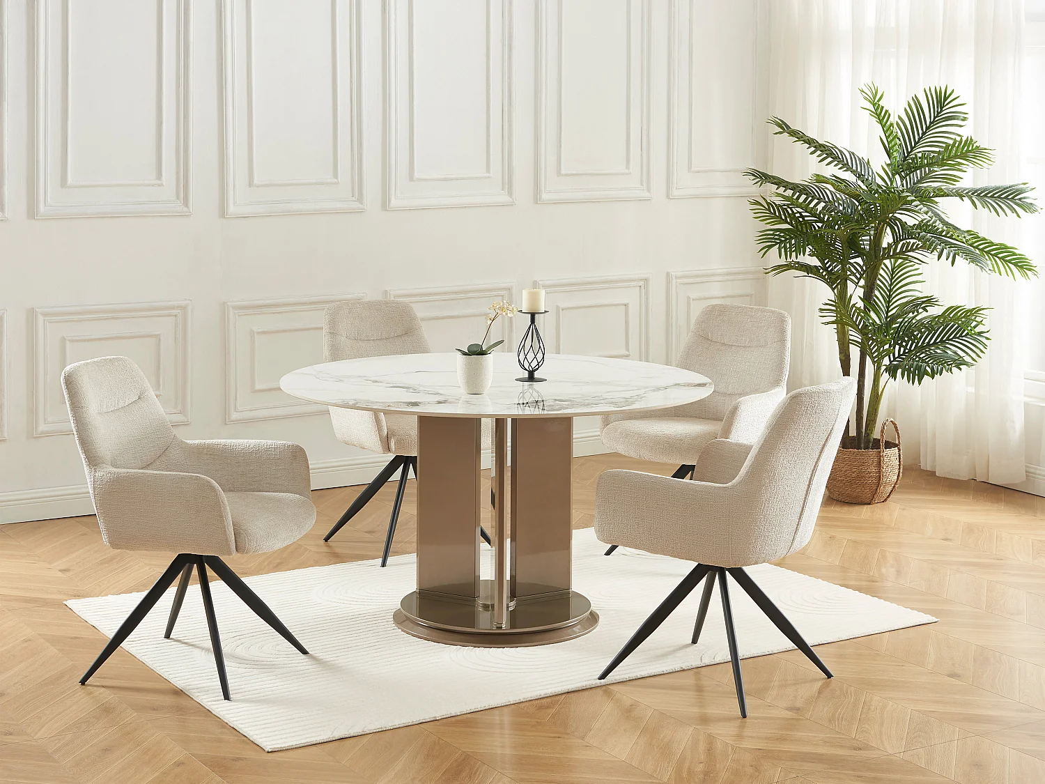 Lot de 6 chaises avec accoudoirs en tissu texturé et métal noir - Crème - JENANE