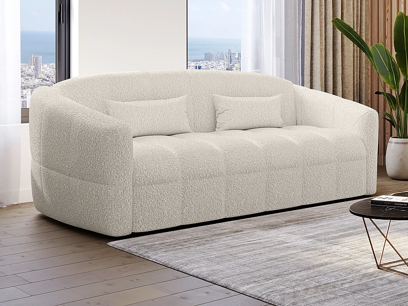 Sofa 3-Sitzer mit Schlaffunktion - Bouclé-Stoff - Cremefarben - Matratze 13 cm mit Memory Schaum - Liegefläche 140 cm - RETUNA