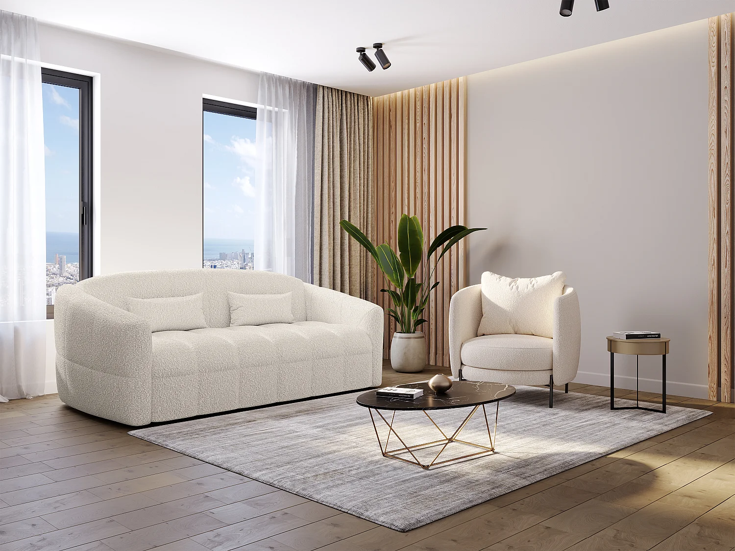 Canapé 3 places convertible express en tissu bouclette beige - Couchage 140 cm - Matelas 13 cm RETUNA II