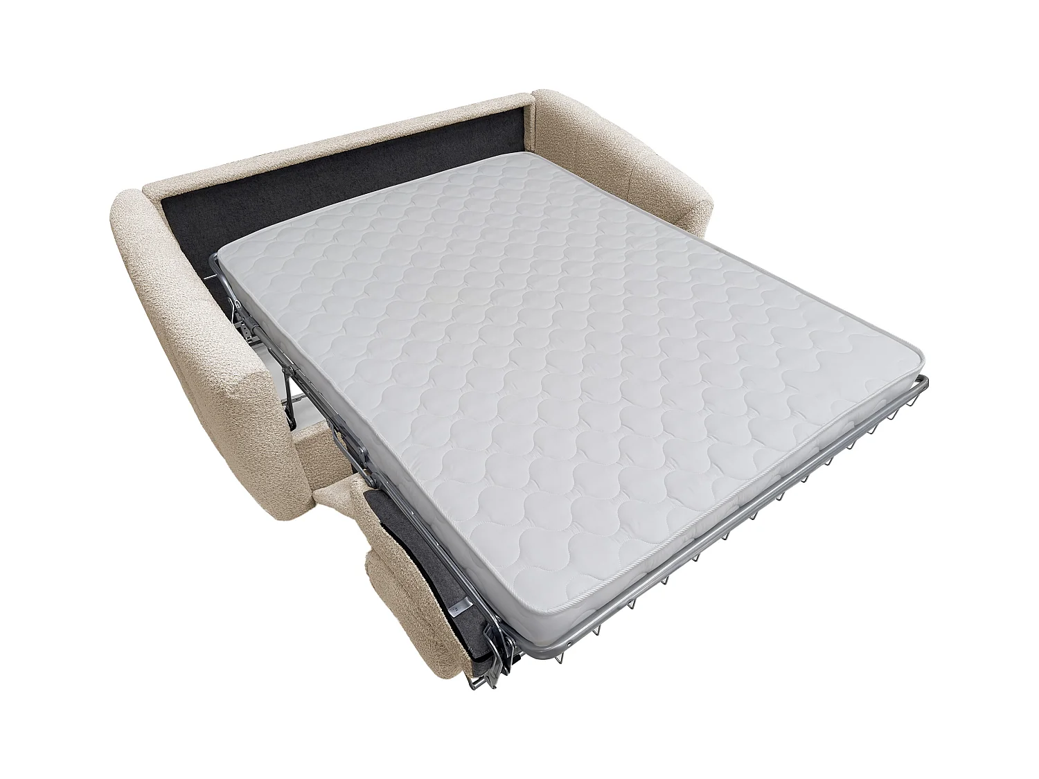 Driezitsslaapbank van beige boucléstof - Bed 140 cm - Matras 13 cm RETUNA II