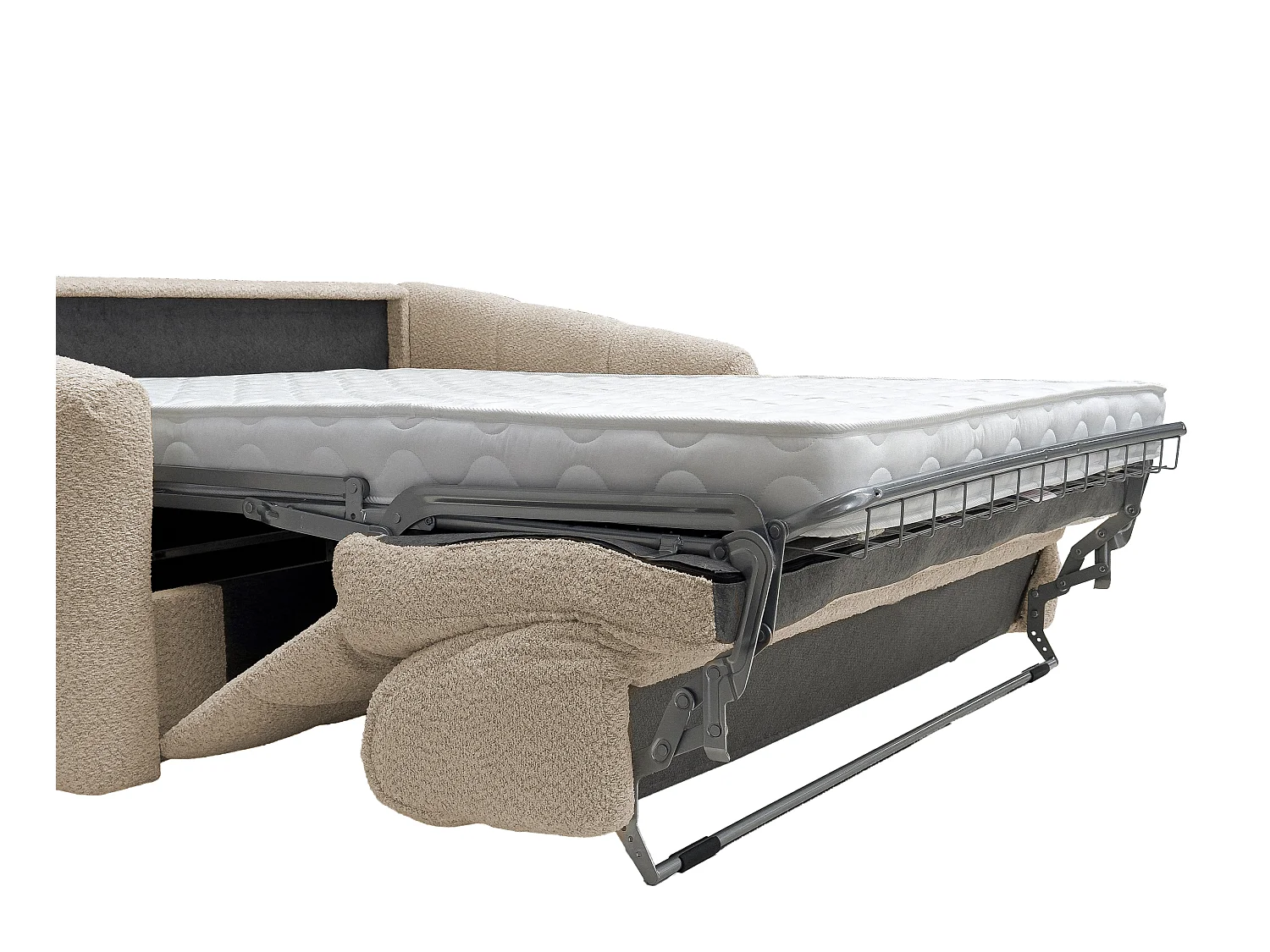 Driezitsslaapbank van beige boucléstof - Bed 140 cm - Matras 13 cm RETUNA II