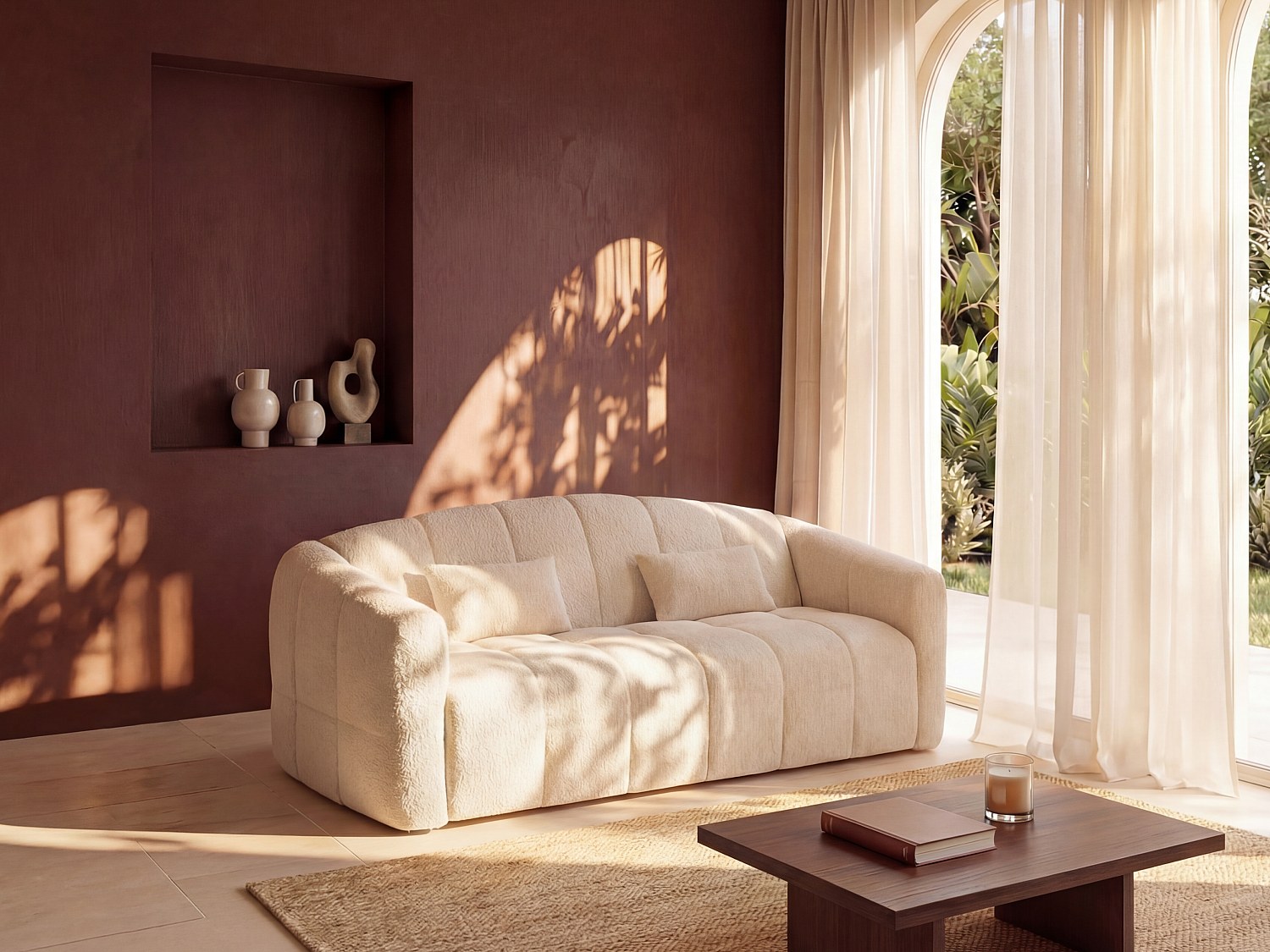 Sofa 4-Sitzer mit Schlaffunktion - Bouclé-Stoff - Cremefarben - Liegefläche günstig online kaufen