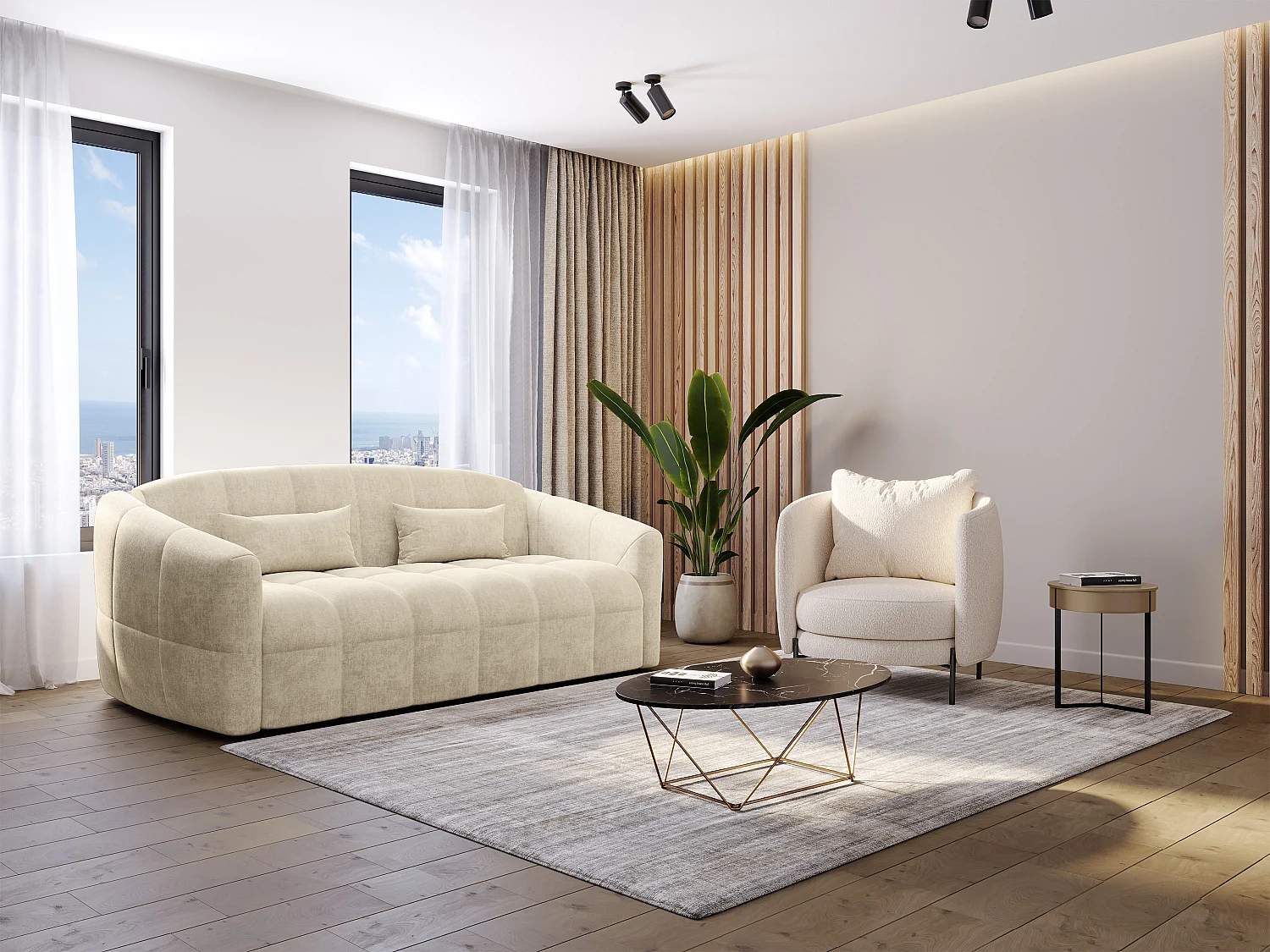 Canapé 3 places convertible express en velours beige - Couchage 140 cm - Matelas 13 cm RETUNA II