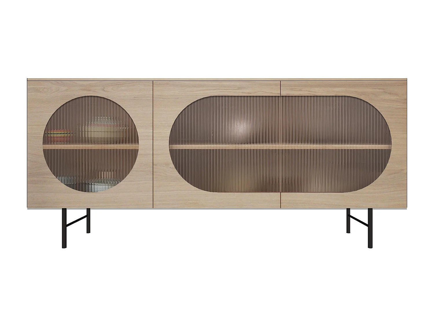 Buffet chêne blanchi et verre flute, 3 portes 180L x 48P