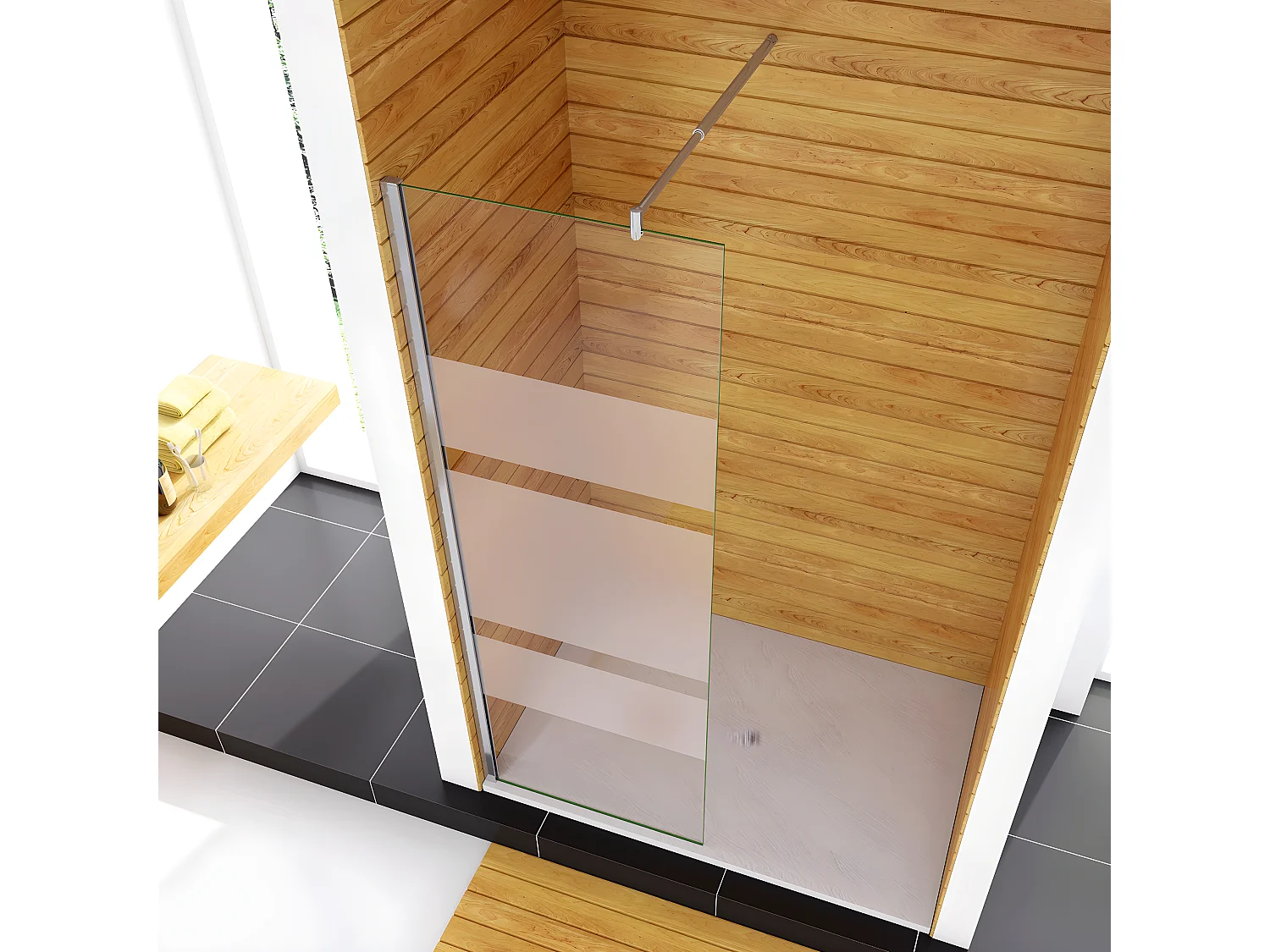 Box Doccia Walk In 110x190cm Parete Fissa in Vetro Temperato 6mm Anticalcare Multi Fasce Satinate Opache con Barra Stabilizzatrice 70-120cm Cromato