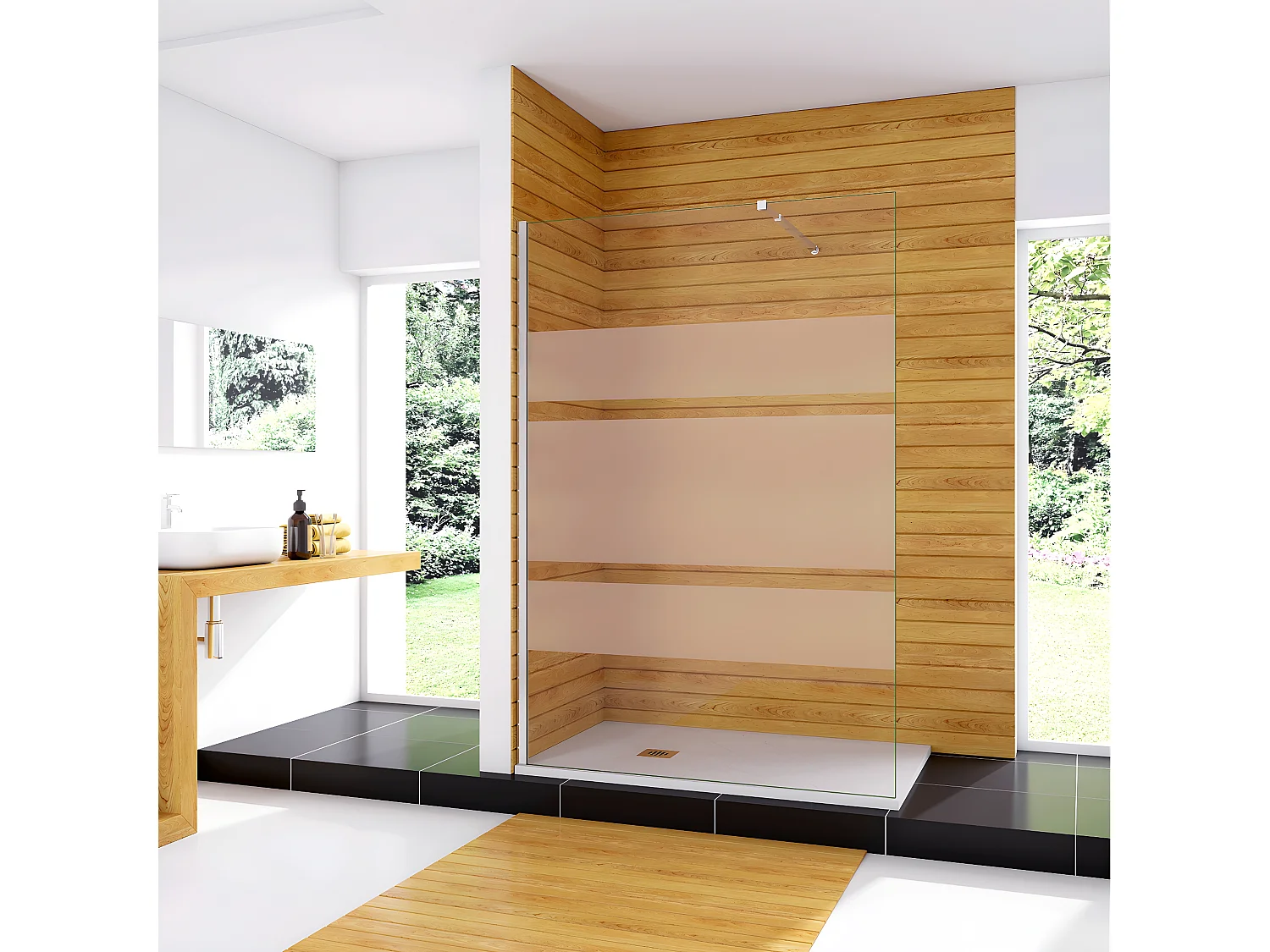 Box Doccia Walk In 100x190cm Parete Fissa in Vetro Temperato 6mm Anticalcare Multi Fasce Satinate Opache con Barra Stabilizzatrice 73-120cm Cromato