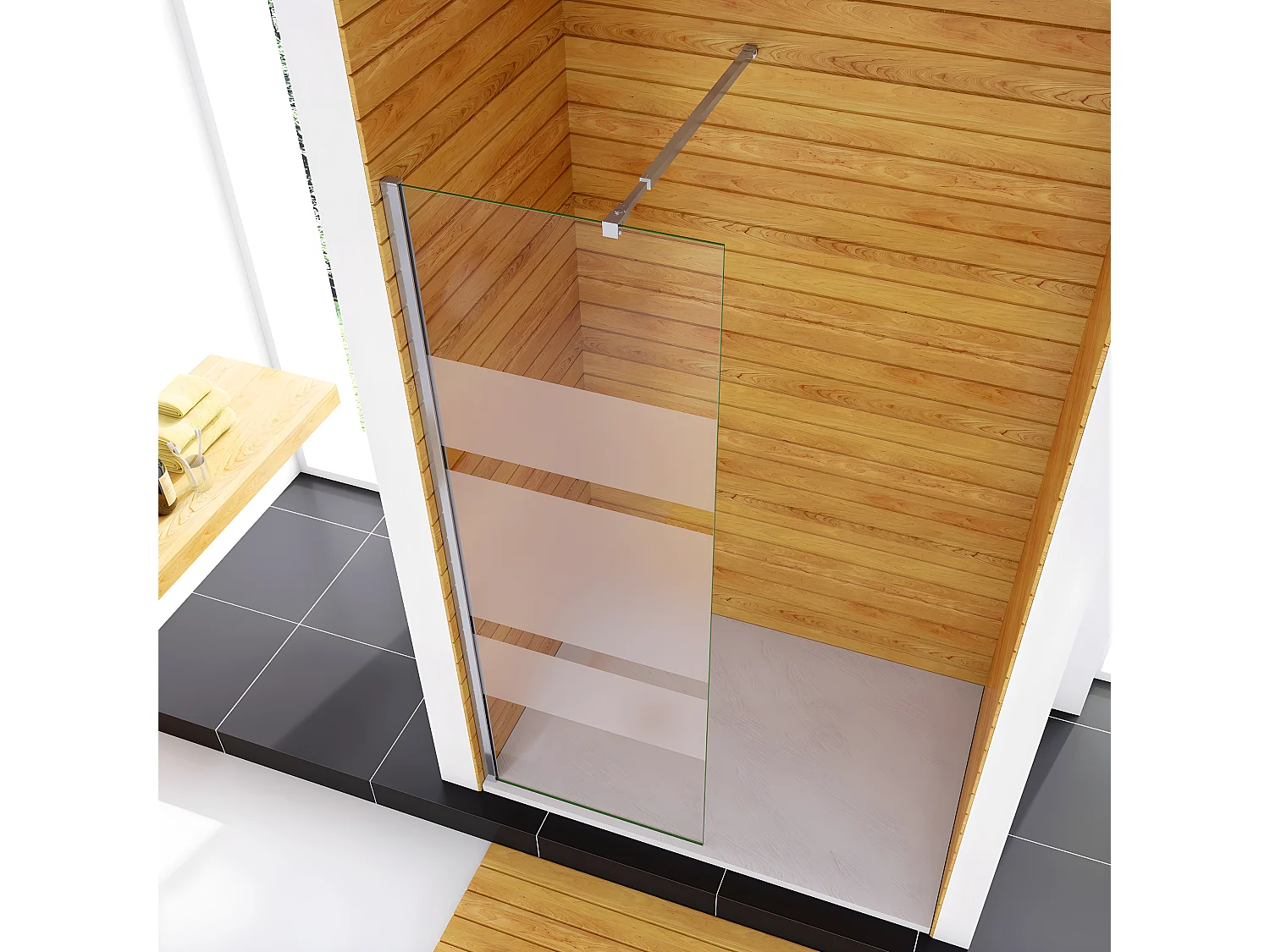 Box Doccia Walk In 110x190cm Parete Fissa in Vetro Temperato 6mm Anticalcare Multi Fasce Satinate Opache con Barra Stabilizzatrice 73-120cm Cromato