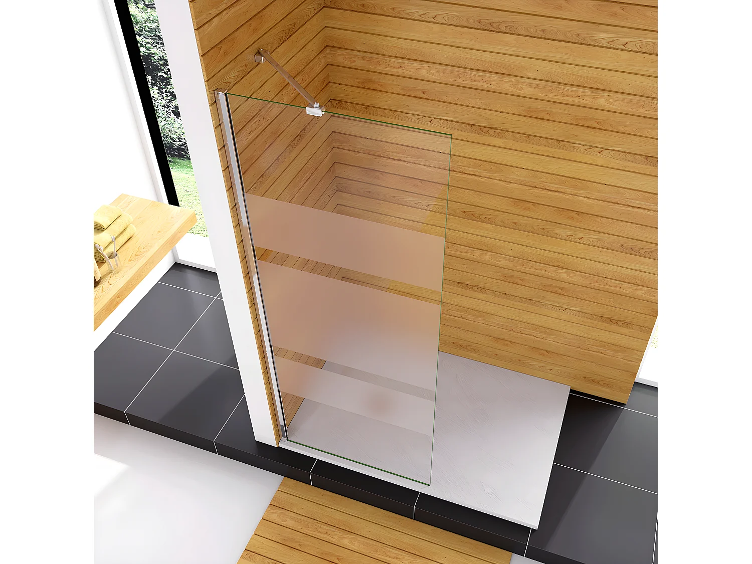 Box Doccia Walk In 90x190cm Parete Fissa in Vetro Temperato 6 mm Anticalcare Multi Fasce Satinate Opache con Barra Stabilizzatrice 45cm Cromo Lucido