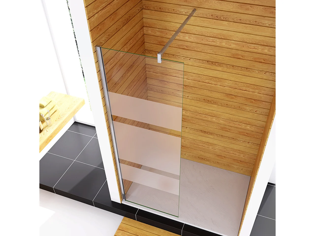 Box Doccia Walk In 90x190cm Parete Fissa in Vetro Temperato 6mm Anticalcare Multi Fasce Satinate Opache con Barra Stabilizzatrice 140cm Cromo Lucido