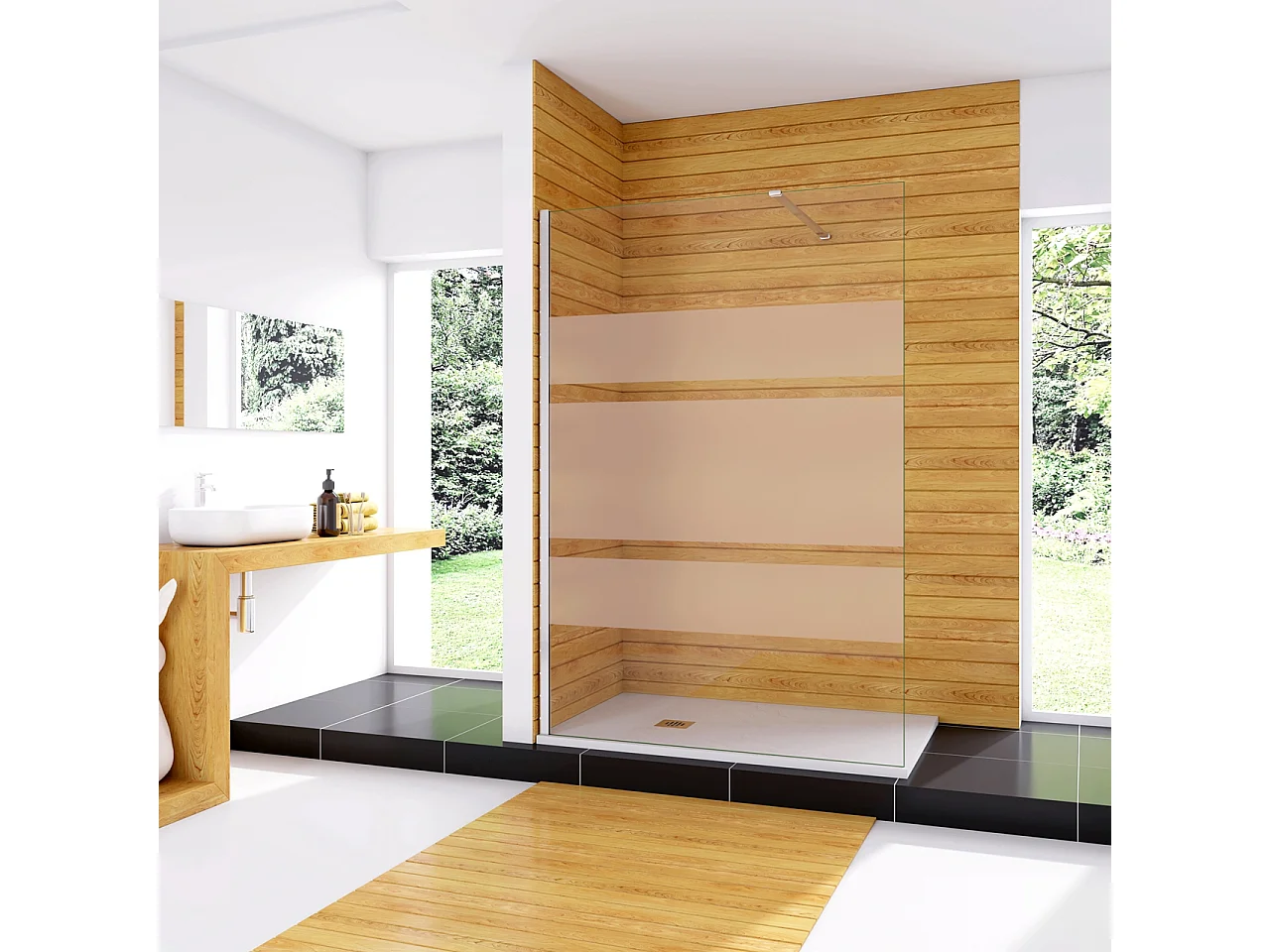 110x190cm Box Doccia Walk In Parete Fissa in Vetro Temperato 6 mm Anticalcare Multi Fasce Satinate Opache con Barra Stabilizzatrice 90cm Cromo Lucido