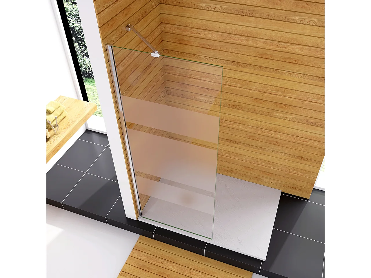 Box Doccia Walk In 100x190cm Parete Fissa in Vetro Temperato 6 mm Anticalcare Multi Fasce Satinate Opache con Barra Stabilizzatrice 45cm Cromo Lucido