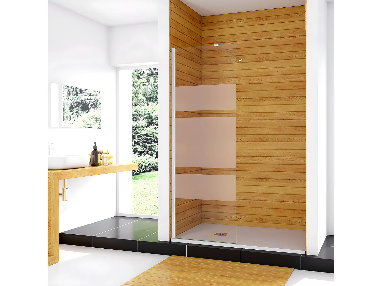 90x190cm Box Doccia Walk In Parete Fissa in Vetro Temperato 6 mm Anticalcare Multi Fasce Satinate Opache con Barra Stabilizzatrice 90cm Cromo Lucido