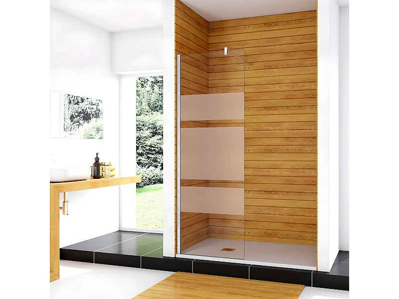 Box Doccia Walk In 110x190cm Parete Fissa in Vetro Temperato 6mm Anticalcare Multi Fasce Satinate Opache con Barra Stabilizzatrice 90cm Cromo Lucido