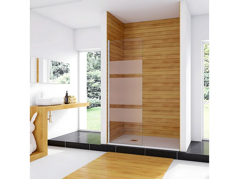 Box Doccia Walk In 90x190cm Parete Fissa in Vetro Temperato da 6 mm Anticalcare Multi Fasce Satinate Opache Telaio Cromo Lucido