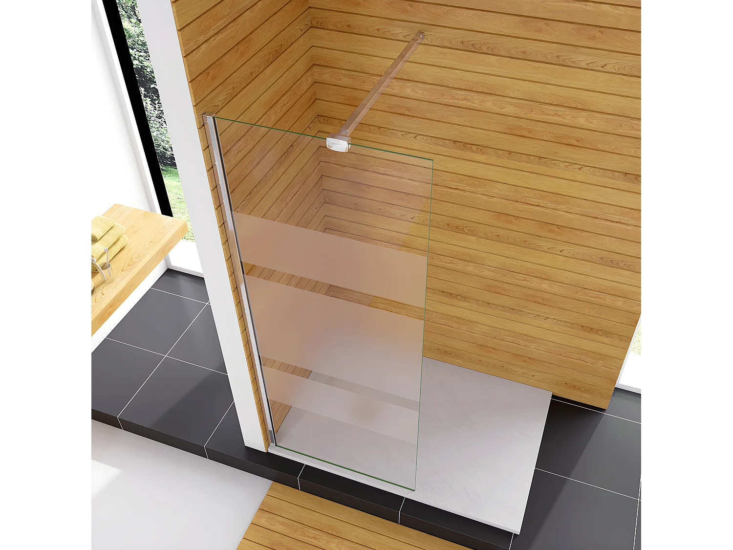 Box Doccia Walk In 110x190cm Parete Fissa in Vetro Temperato 6 mm Anticalcare Multi Fasce Satinate Opache con Barra Stabilizzatrice 90cm Cromo Lucido