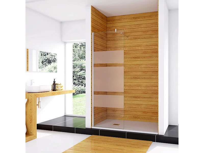 Box Doccia Walk In 90x190cm Parete Fissa in Vetro Temperato 6mm Anticalcare Multi Fasce Satinate Opache con Barra Stabilizzatrice 70-120cm Cromato