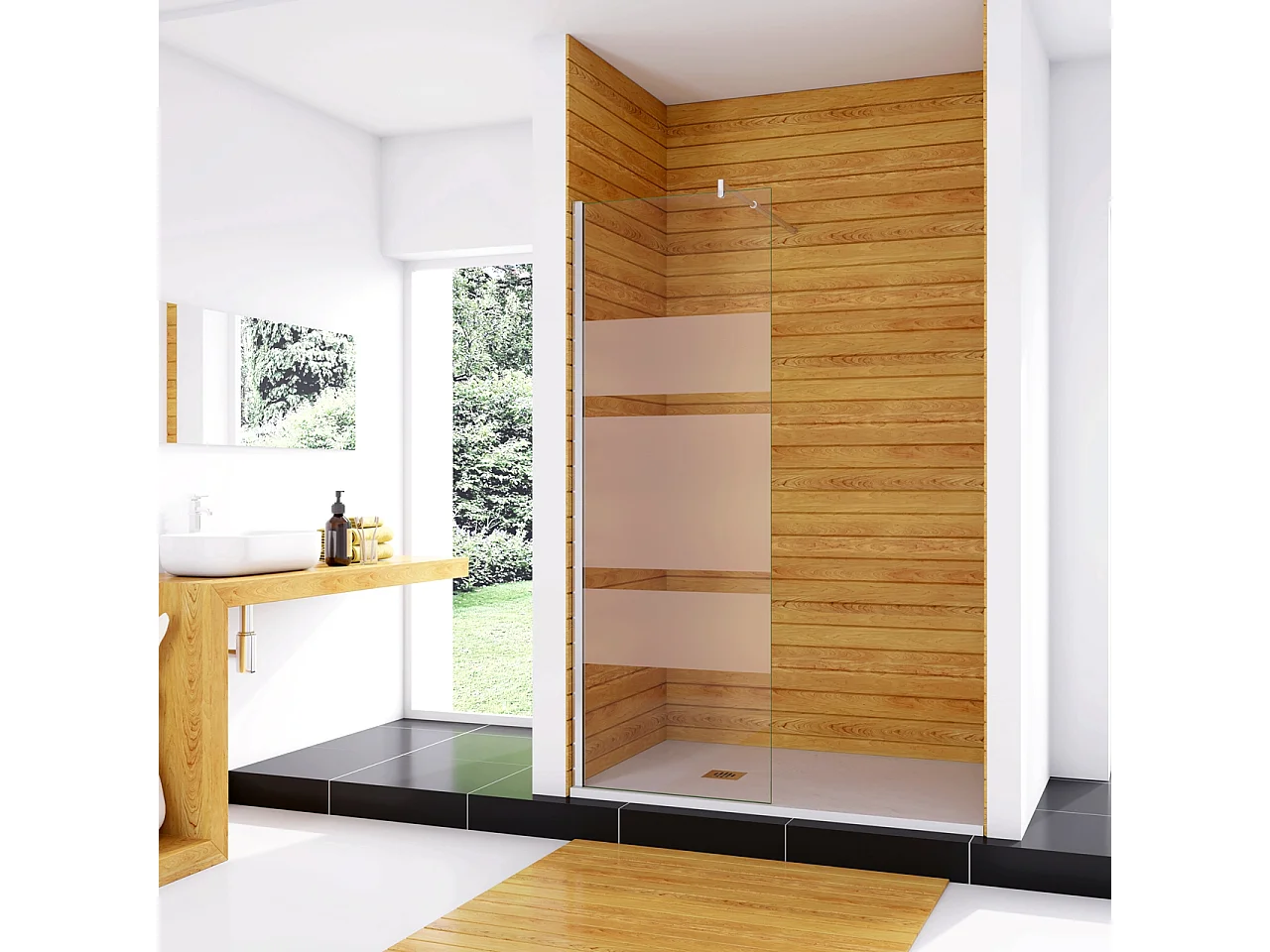 Box Doccia Walk In 90x190cm Parete Fissa in Vetro Temperato 6mm Anticalcare Multi Fasce Satinate Opache con Barra Stabilizzatrice 70-120cm Cromato