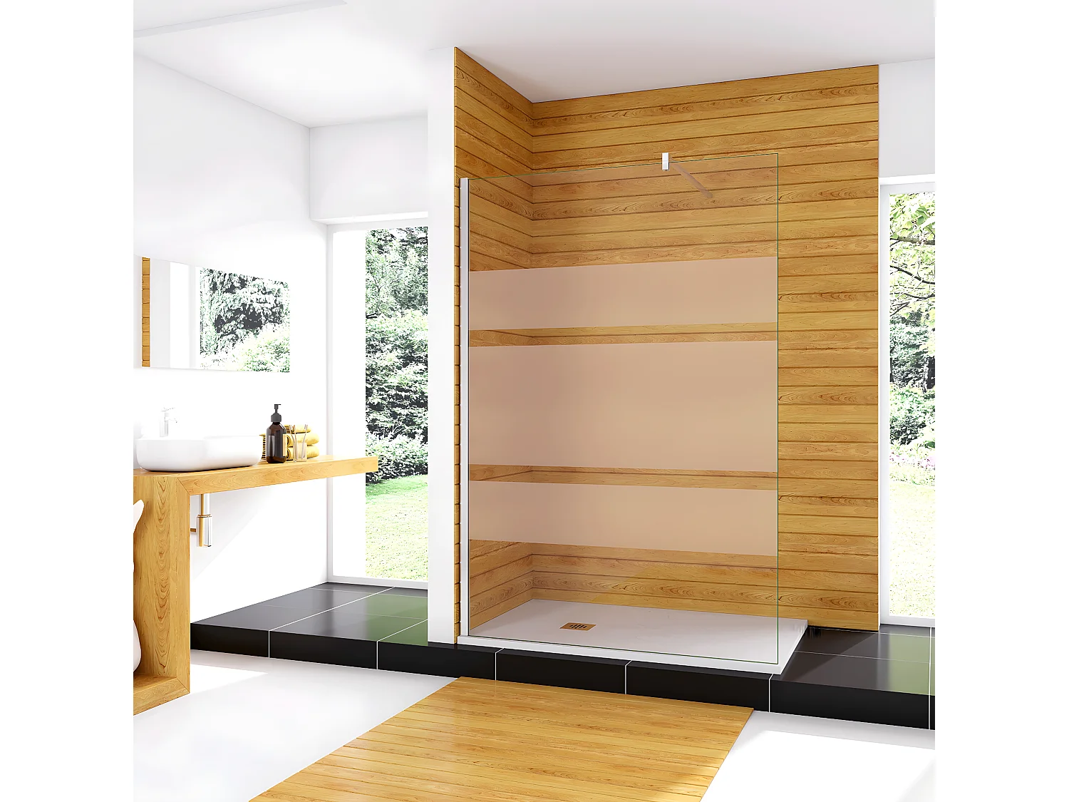 Box Doccia Walk In 100x190cm Parete Fissa in Vetro Temperato 6mm Anticalcare Multi Fasce Satinate Opache con Barra Stabilizzatrice 140cm Cromo Lucido