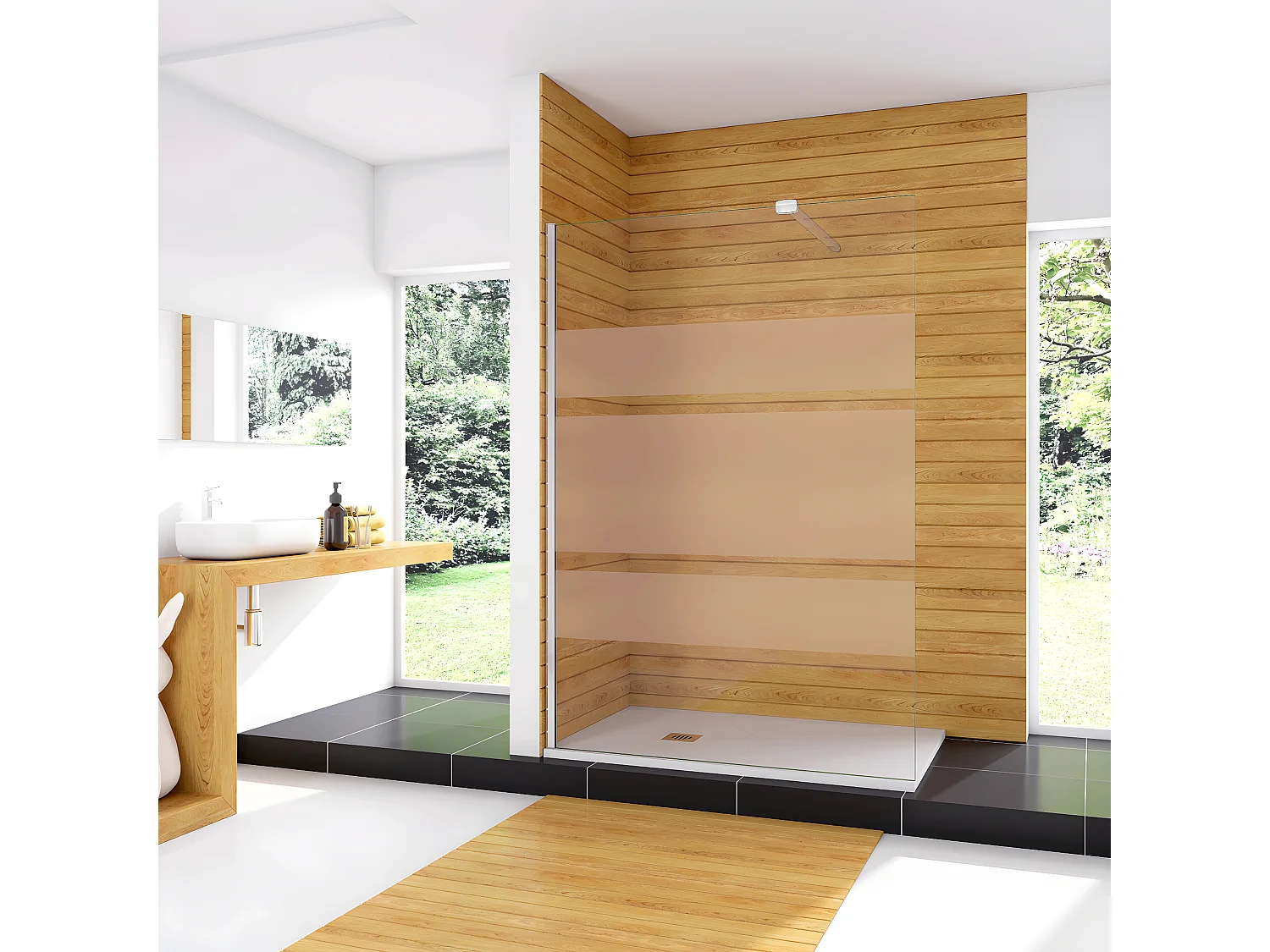 Box Doccia Walk In 100x190cm Parete Fissa in Vetro Temperato 6 mm Anticalcare Multi Fasce Satinate Opache con Barra Stabilizzatrice 90cm Cromo Lucido