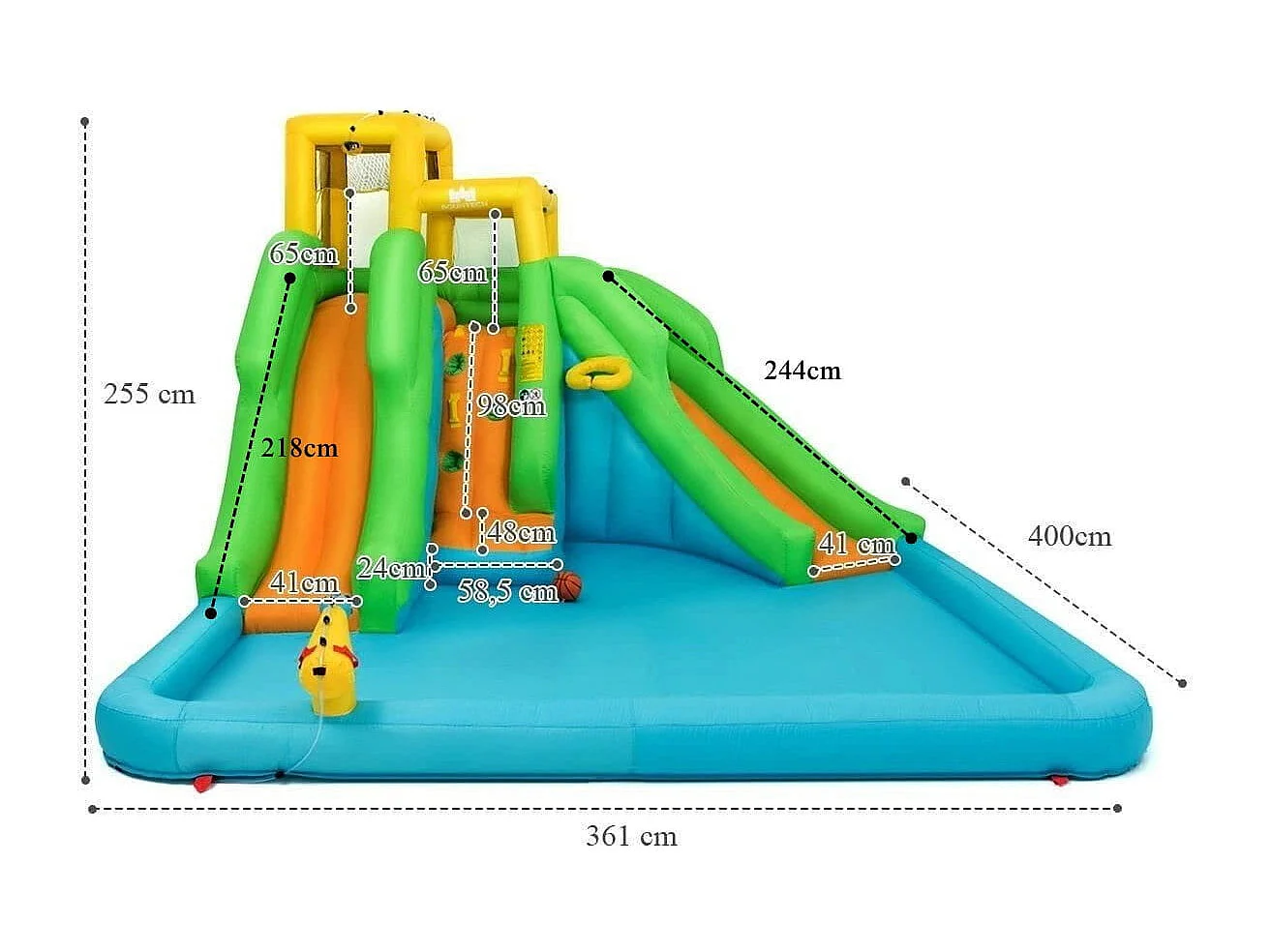 Hüpfburg Wasserpark mit Zwei Rutschen Kletterwand 400 x 361 x 255 cm (Ohne Gebläse)