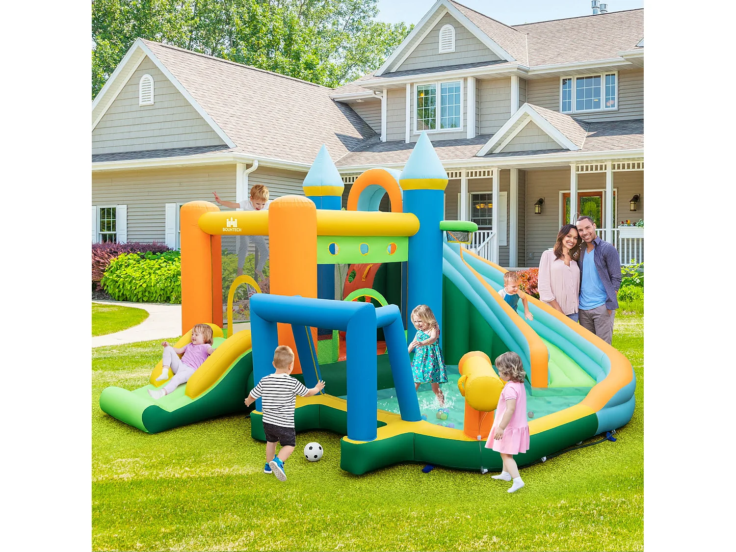Château Gonflable Aquatique avec Toboggan&Zone de Saut Aire de Jeux avec Mur d'Escalade&50 Boules Océaniques Charge 90kg pour 3-10 Ans