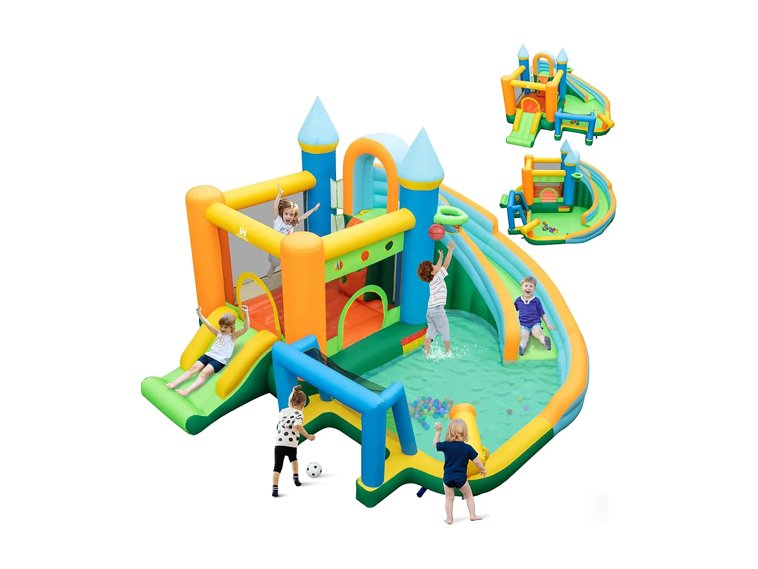 Château Gonflable Aquatique avec Toboggan&Zone de Saut Aire de Jeux avec Mur d'Escalade&50 Boules Océaniques Charge 90kg pour 3-10 Ans