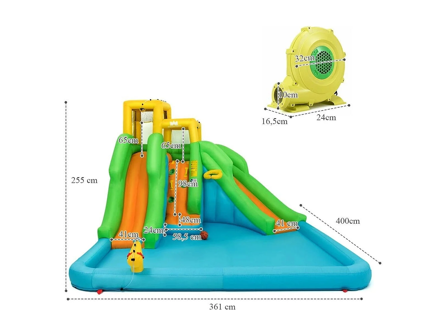 Hüpfburg mit Gebläse Wasserpark mit Zwei Rutschen 400 x 361 x 255 cm