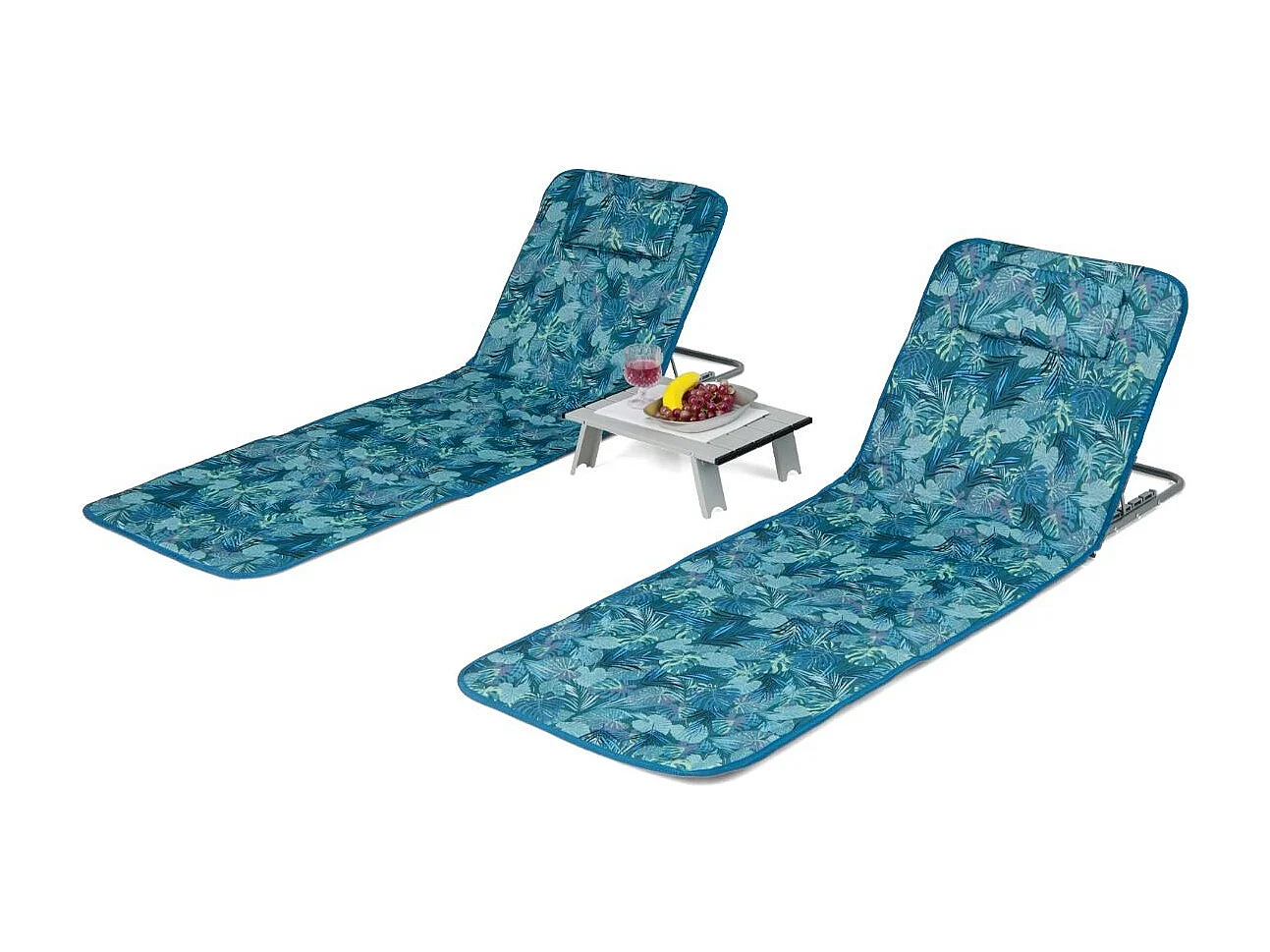 2er Set Strandmatte mit Beistelltisch Kopfkissen & Staufach Liegematte mit Verstellbarer Rückenlehne Türkisblau