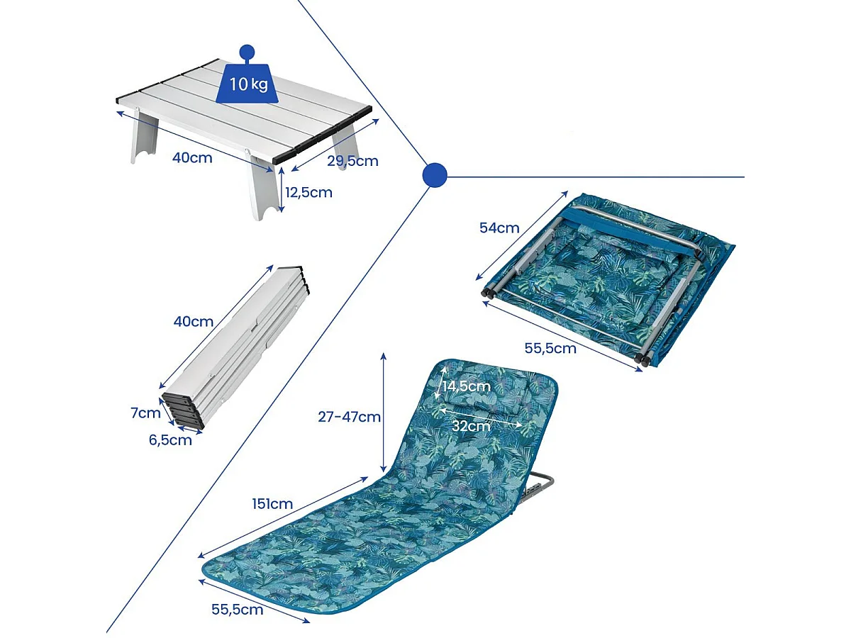 2er Set Strandmatte mit Beistelltisch Kopfkissen & Staufach Liegematte mit Verstellbarer Rückenlehne Türkisblau
