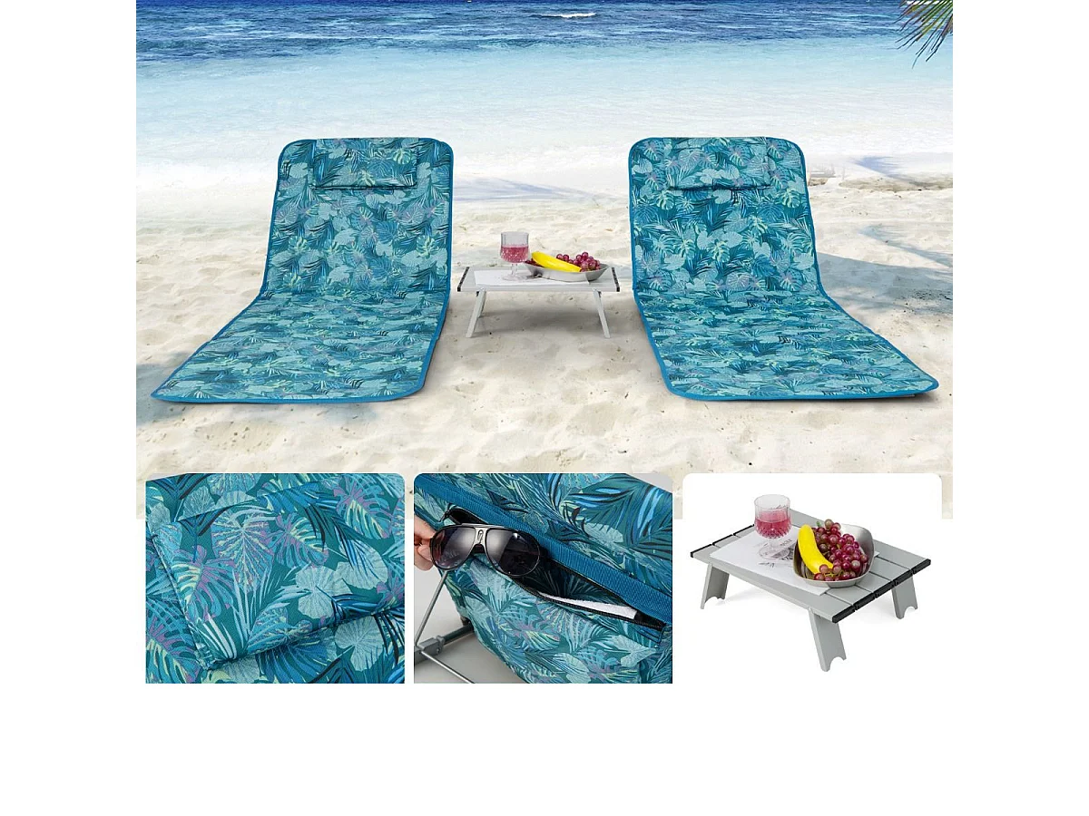 2er Set Strandmatte mit Beistelltisch Kopfkissen & Staufach Liegematte mit Verstellbarer Rückenlehne Türkisblau
