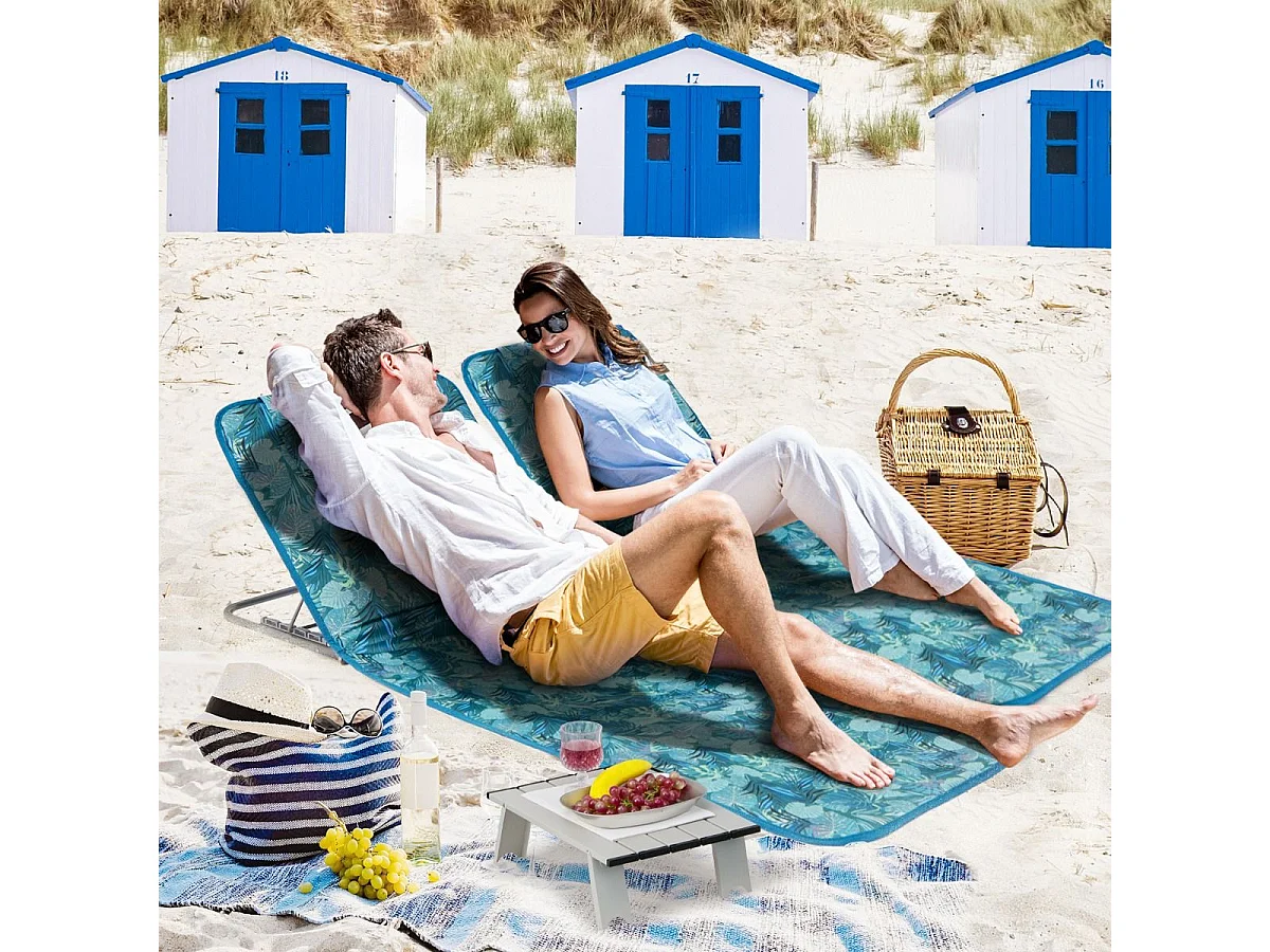 2er Set Strandmatte mit Beistelltisch Kopfkissen & Staufach Liegematte mit Verstellbarer Rückenlehne Türkisblau