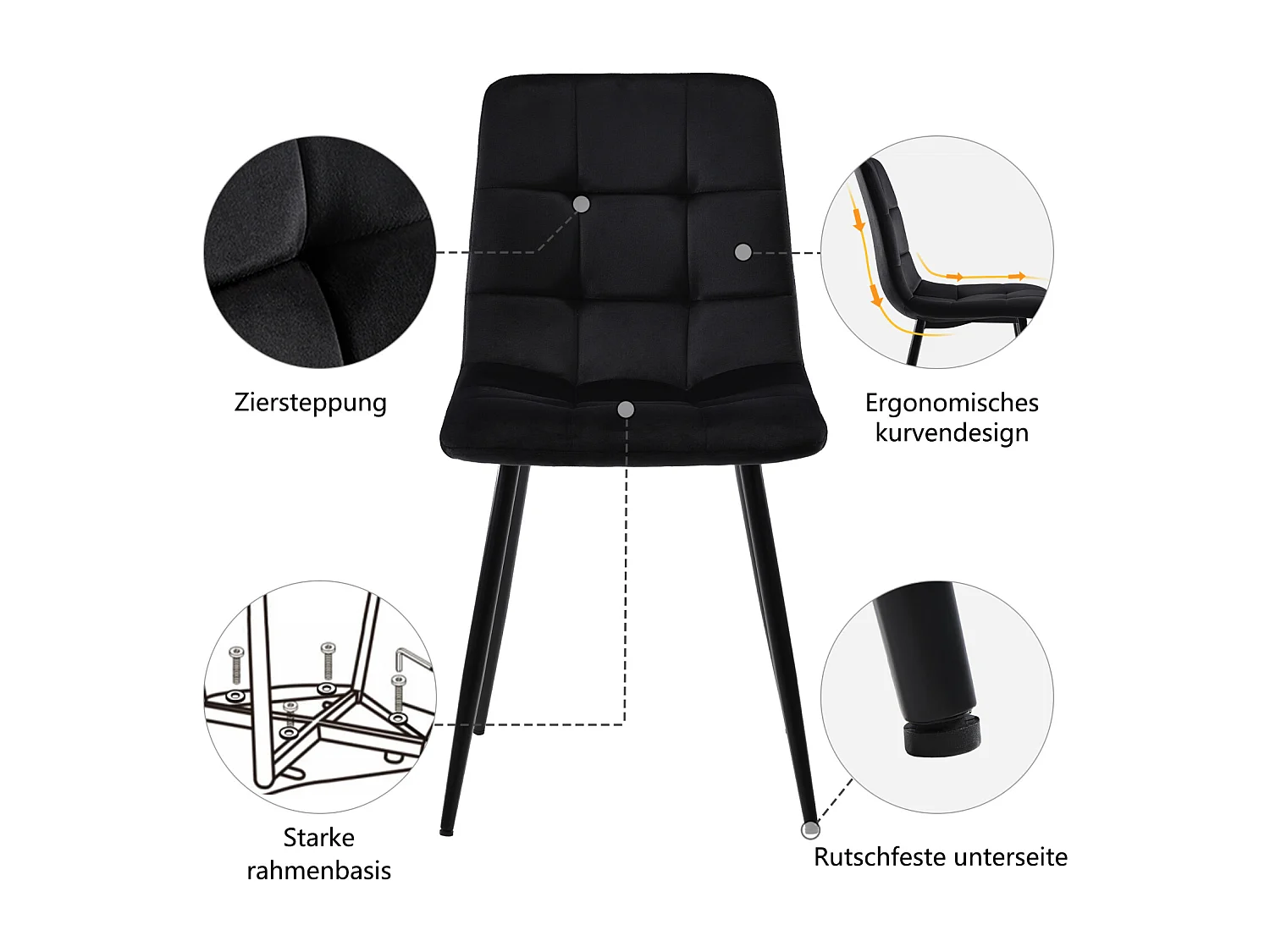Set van 4 fluwelen stoelen - metalen frame - ergonomisch design - metalen poten - zwart