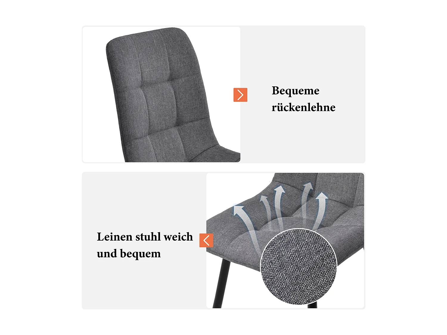 Set van 4 linnen stoelen - metalen frame - ergonomisch design - metalen poten - grijs